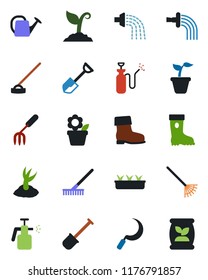 Color and black flat icon set - flower in pot vector, garden fork, shovel, rake, seedling, watering can, sproute, boot, hoe, sickle, sprayer, fertilizer