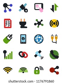 Color and black flat icon set - satellite vector, share, chain, rca, call, sim, network, data exchange, cellular signal, wireless, power plug, lock, home control app, social media