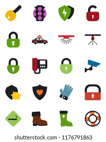 Color and black flat icon set - smoking place vector, alarm car, lock, glove, boot, heart shield, traffic light, protect, key, intercome, home, surveillance, sprinkler, crisis management