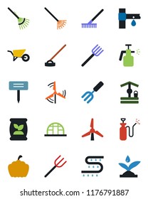 Color and black flat icon set - garden fork vector, farm, rake, wheelbarrow, well, hoe, plant label, pumpkin, greenhouse, sprayer, fertilizer, drip irrigation, windmill