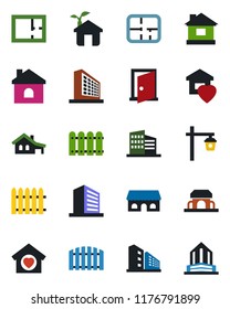 Color and black flat icon set - office building vector, fence, house, garden light, with garage, plan, sweet home, cafe, eco, door