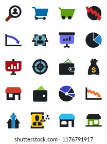 Color and black flat icon set - shop vector, money bag, crisis graph, pie, hr, target, consumer search, arrow up, wallet, cart, presentation, storefront