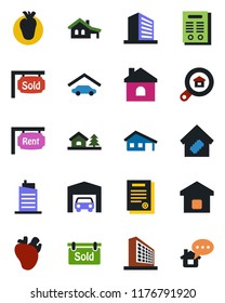 Color and black flat icon set - office building vector, house, real heart, contract, with garage, tree, rent, sold signboard, estate search, smart home, city, message