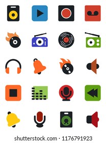 Color and black flat icon set - vinyl vector, flame disk, radio, speaker, equalizer, microphone, headphones, play button, stop, rewind, bell, record, sound