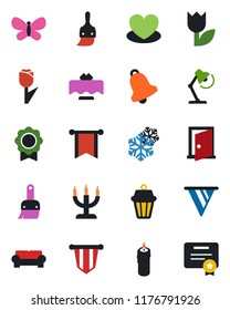 Color and black flat icon set - pennant vector, butterfly, heart, tulip, themes, bell, sertificate, desk lamp, cushioned furniture, restaurant table, candle, snowflake, outdoor, door, pennon