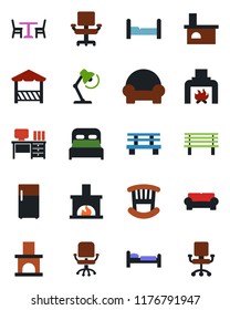 Color and black flat icon set - cafe vector, bed, office chair, desk, bench, fireplace, lamp, bedroom, children room, cushioned furniture, alcove, fridge
