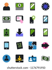 Color and black flat icon set - right arrow vector, mobile phone, identity card, cash, tracking, cell, camera, user, download, application, restaurant receipt, home control app