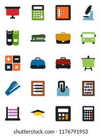 Color and black flat icon set - airport bus vector, checkroom, book, calculator, graduate, abacus, presentation board, microscope, case, paper clip, stapler