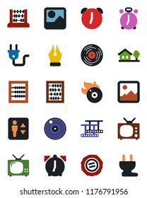 Color and black flat icon set - elevator vector, alarm clock, abacus, stamp, film frame, vinyl, flame disk, gallery, ink pen, house with tree, tv, power plug