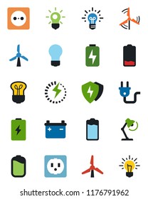 Color and black flat icon set - bulb vector, battery, low, protect, charge, desk lamp, windmill, socket, power plug, idea