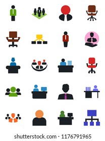 Color and black flat icon set - reception vector, manager, office chair, place, client, user, company, desk, estate agent, group, hierarchy