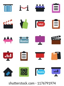 Color and black flat icon set - fence vector, flight table, presentation board, meeting, clipboard, clapboard, sale, rooms, smart home, cutting, chip