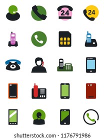 Color and black flat icon set - phone vector, mobile, office, 24 hours, support, cell, radio, back, call, sim
