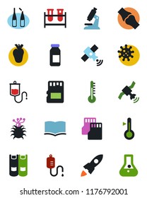 Color and black flat icon set - book vector, blood test vial, dropper, microscope, ampoule, real heart, joint, virus, satellite, sd, thermometer, rocket, flask