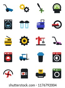 Color and black flat icon set - coffee machine vector, washer, fork loader, gear, ripper, lawn mower, tomography, printer, copier, crane, water filter