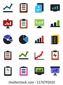 Color and black flat icon set - statistic monitor vector, diagnosis, pulse clipboard, statistics, bar graph, pie, checklist, point, growth, presentation