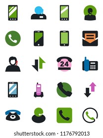 Color and black flat icon set - phone vector, mobile, office, 24 hours, support, cell, call, mail, data exchange