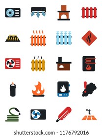 Color and black flat icon set - fire vector, hose, fireplace, thermometer, heater, air conditioner, candle, water, smoke detector, radiator, warm floor
