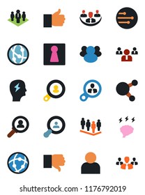 Color and black flat icon set - female vector, team, brainstorm, network, share, group, finger up, down, user, company, client search, consumer