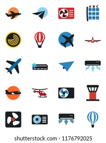 Color and black flat icon set - plane vector, airport tower, radar, helicopter, seat map, air conditioner, fan, paper, balloon