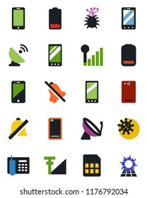 Color and black flat icon set - satellite antenna vector, mobile phone, virus, cell, low battery, back, sim, mute, cellular signal, office, sun panel