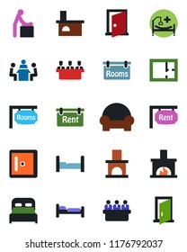 Color and black flat icon set - baby room vector, bed, checkroom, meeting, fireplace, hospital, plan, rent, rooms, bedroom, cushioned furniture, door