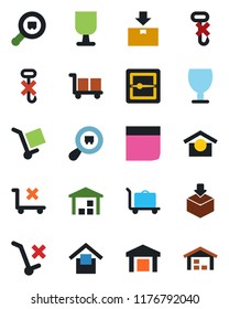 Color and black flat icon set - baggage trolley vector, fragile, cargo, warehouse storage, no, hook, package, search, scanner, blank box