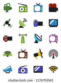 Color and black flat icon set - antenna vector, satellite, radio, loudspeaker, tv, video camera, wireless