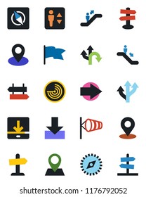 Color and black flat icon set - elevator vector, escalator, signpost, right arrow, wind, radar, route, pin, download, place tag, compass, flag, guidepost