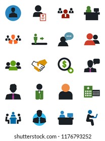 Color and black flat icon set - escalator vector, team, manager place, hospital, patient, client, speaker, group, user, meeting, estate agent, waiter, handshake, money search, man with notebook
