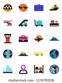 Color and black flat icon set - airport tower vector, taxi, baggage conveyor, trolley, bus, reception bell, ladder car, plane, helicopter, luggage storage, case, navigation, earth, sea shipping