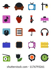 Color and black flat icon set - case vector, mouse, stamp, fence, garden light, real heart, umbrella, tulip, radio, tv, headphones, music, abacus, tie, cushioned furniture, restaurant table, chip