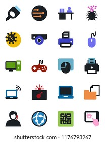 Color and black flat icon set - bomb in case vector, wireless notebook, mouse, printer, virus, support, folder document, gamepad, laptop pc, hdmi, network, manager desk, chip, web camera