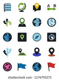 Color and black flat icon set - globe vector, seat map, route, navigation, earth, pin, mobile tracking, network, place tag, compass, flag