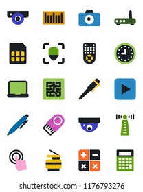 Color and black flat icon set - antenna vector, camera, calculator, pen, clock, barcode, remote control, touch screen, play button, sim, face id, notebook pc, copier, chip, router, web, usb flash