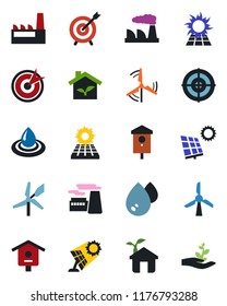 Color and black flat icon set - factory vector, bird house, target, sun panel, windmill, eco, water, palm sproute