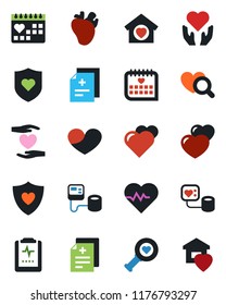 Color and black flat icon set - heart vector, pulse, diagnosis, blood pressure, diagnostic, shield, hand, real, medical calendar, clipboard, sweet home