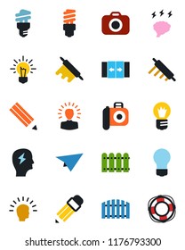 Color and black flat icon set - automatic door vector, brainstorm, bulb, camera, pencil, fence, rolling pin, energy saving, shining head, idea, paper plane, crisis management