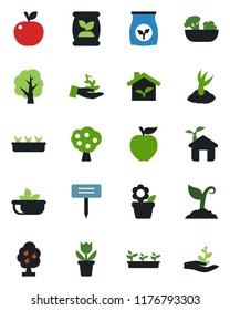 Color and black flat icon set - flower in pot vector, tree, sproute, seedling, plant label, fertilizer, fruit, salad, apple, eco house, palm
