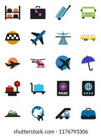Color and black flat icon set - plane vector, runway, taxi, suitcase, baggage trolley, airport bus, umbrella, passport, ladder car, helicopter, luggage storage, scales, globe, mountains, case