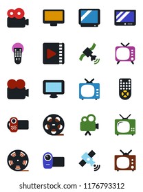 Color and black flat icon set - reel vector, satellite, tv, video camera, remote control, monitor