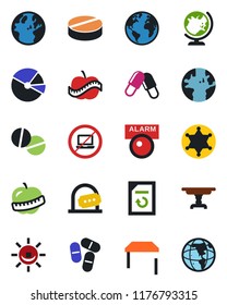 Color and black flat icon set - no laptop vector, ticket office, globe, document reload, pills, diet, earth, pie graph, table, police, alarm led