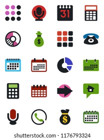 Color and black flat icon set - right arrow vector, calendar, circle chart, microphone, menu, calculator, phone, home message, money bag