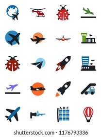 Color and black flat icon set - plane vector, departure, arrival, ladder car, boarding, helicopter, seat map, globe, airport building, lady bug, rocket, paper, air balloon