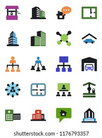 Color and black flat icon set - hierarchy vector, well, hospital, molecule, office building, garage, plan, home message