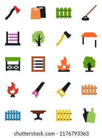 Color and black flat icon set - fence vector, tree, saw, fire, hoe, axe, abacus, table, alcove, cutting board
