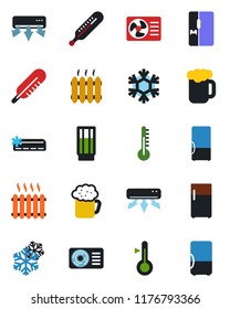 Color and black flat icon set - thermometer vector, heater, air conditioner, fridge, drink, beer, snowflake