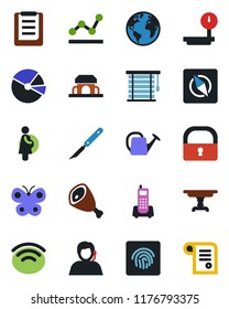 Color and black flat icon set - watering can vector, butterfly, scalpel, pregnancy, earth, office phone, support, clipboard, heavy scales, wireless, compass, lock, fingerprint id, pie graph, point