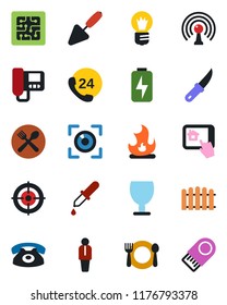 Color and black flat icon set - manager vector, bulb, trowel, fence, fire, garden knife, dropper, 24 hours, fragile, antenna, charge, target, phone, cafe, chip, intercome, home control app, eye scan