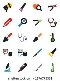 Color and black flat icon set - trowel vector, pruner, saw, stethoscope, blood pressure, thermometer, heart diagnostic, microscope, scalpel, microphone